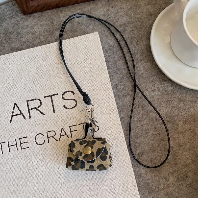 Wholesale Leopard Print Leather Small Coin Purse Earphone Cover Pendant Leather Cord Long Necklaces