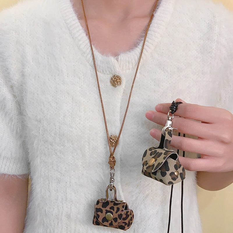 Wholesale Leopard Print Leather Small Coin Purse Earphone Cover Pendant Leather Cord Long Necklaces