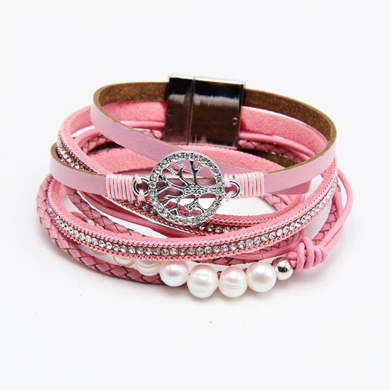 Wholesale Life Tree Cowhide Pearl Magnetic Buckle Bracelet