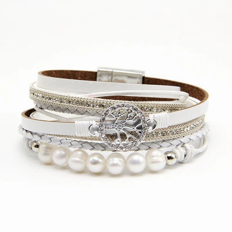 Wholesale Life Tree Cowhide Pearl Magnetic Buckle Bracelet