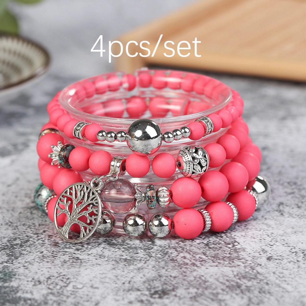 Wholesale Life Tree Demon Eye Multi Layered Pendant Glass Elastic Bracelet