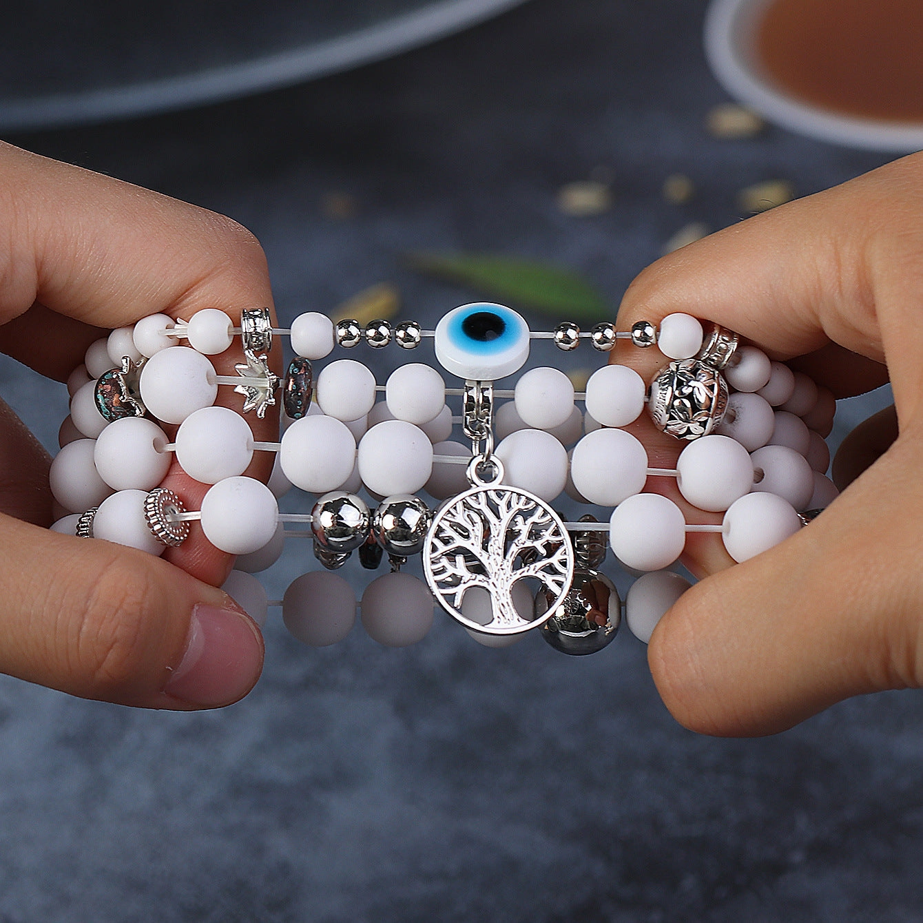 Wholesale Life Tree Demon Eye Multi Layered Pendant Glass Elastic Bracelet