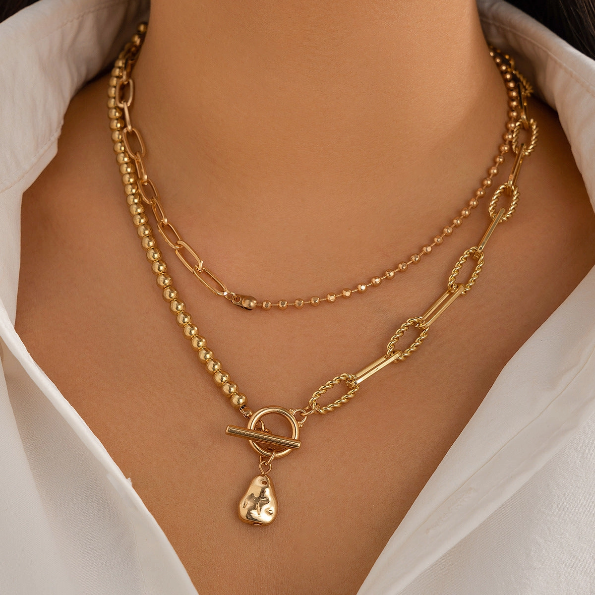 Wholesale Long round bead chain stacking necklace retro style personality pearl necklace