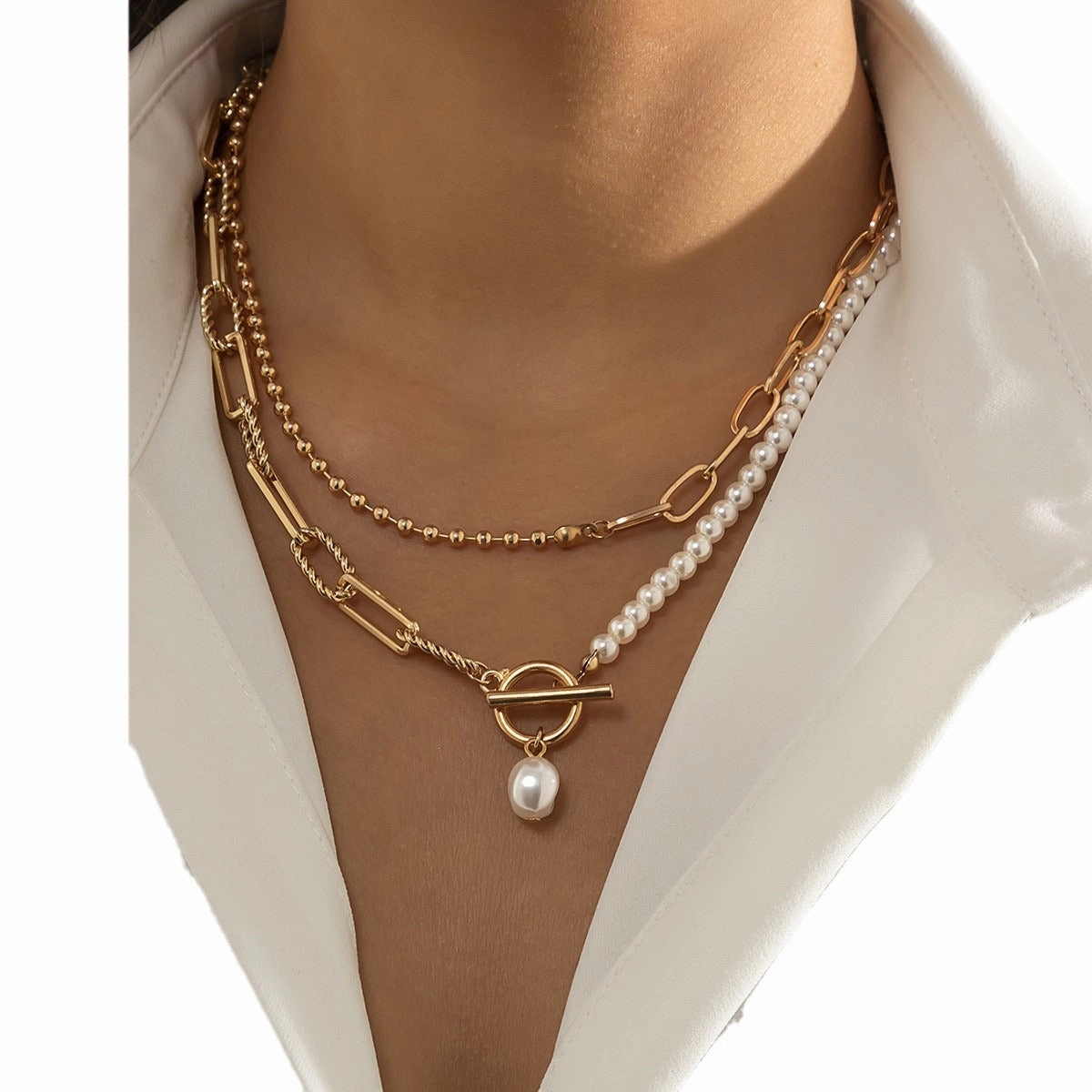 Wholesale Long round bead chain stacking necklace retro style personality pearl necklace