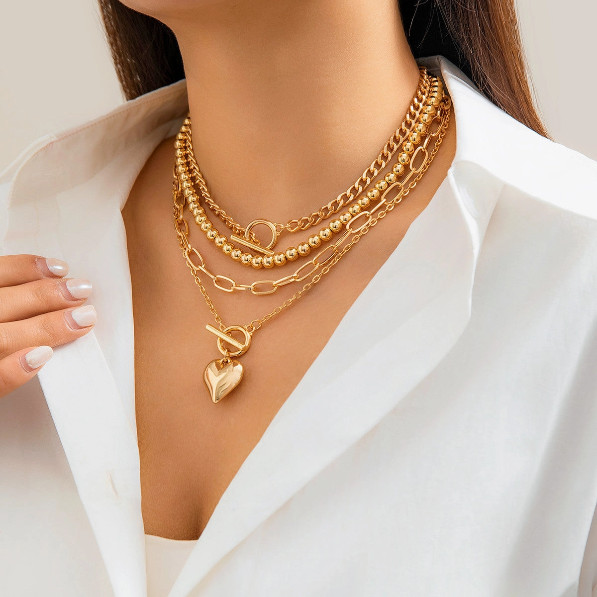 Wholesale Long round bead chain stacking necklace retro style personality pearl necklace