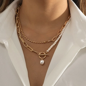 Wholesale Long round bead chain stacking necklace retro style personality pearl necklace