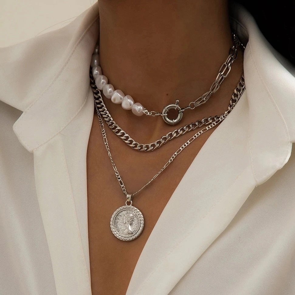 Wholesale Long round bead chain stacking necklace retro style personality pearl necklace