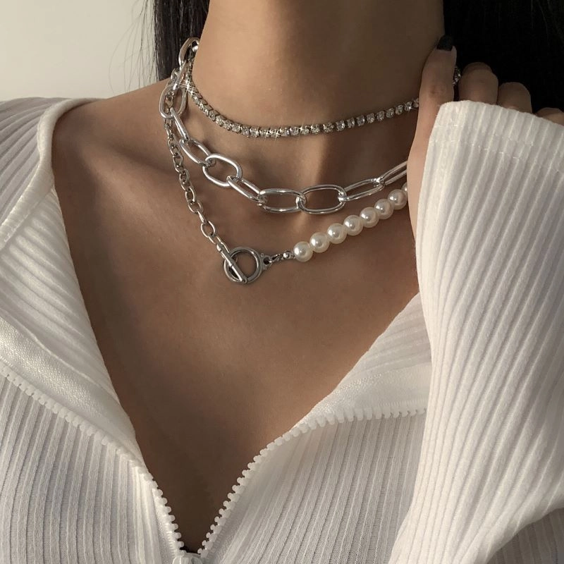 Wholesale Long round bead chain stacking necklace retro style personality pearl necklace