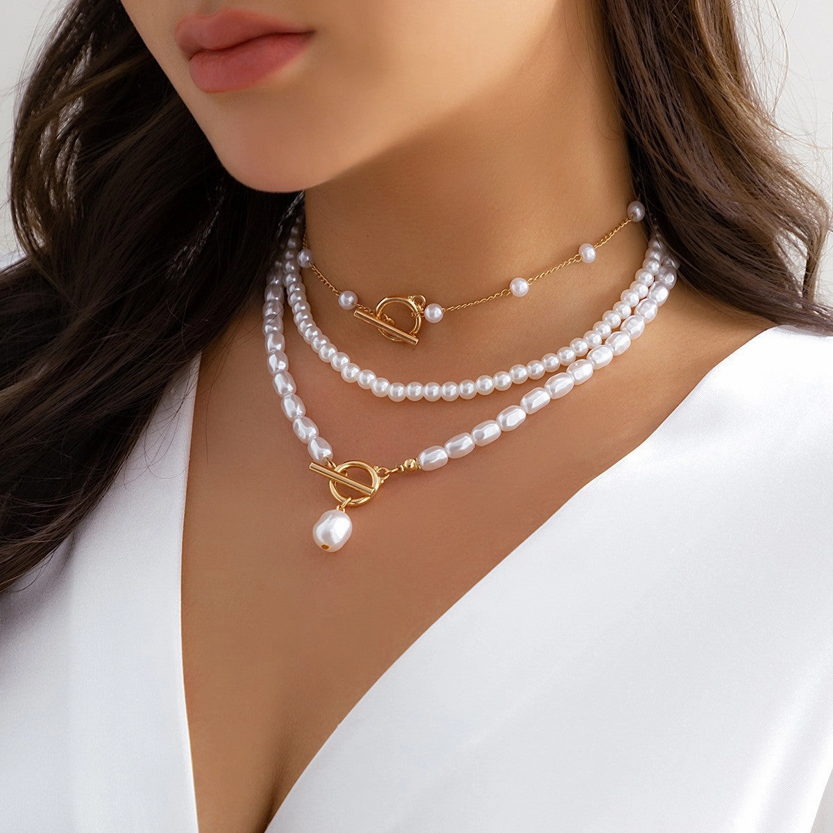 Wholesale Long round bead chain stacking necklace retro style personality pearl necklace