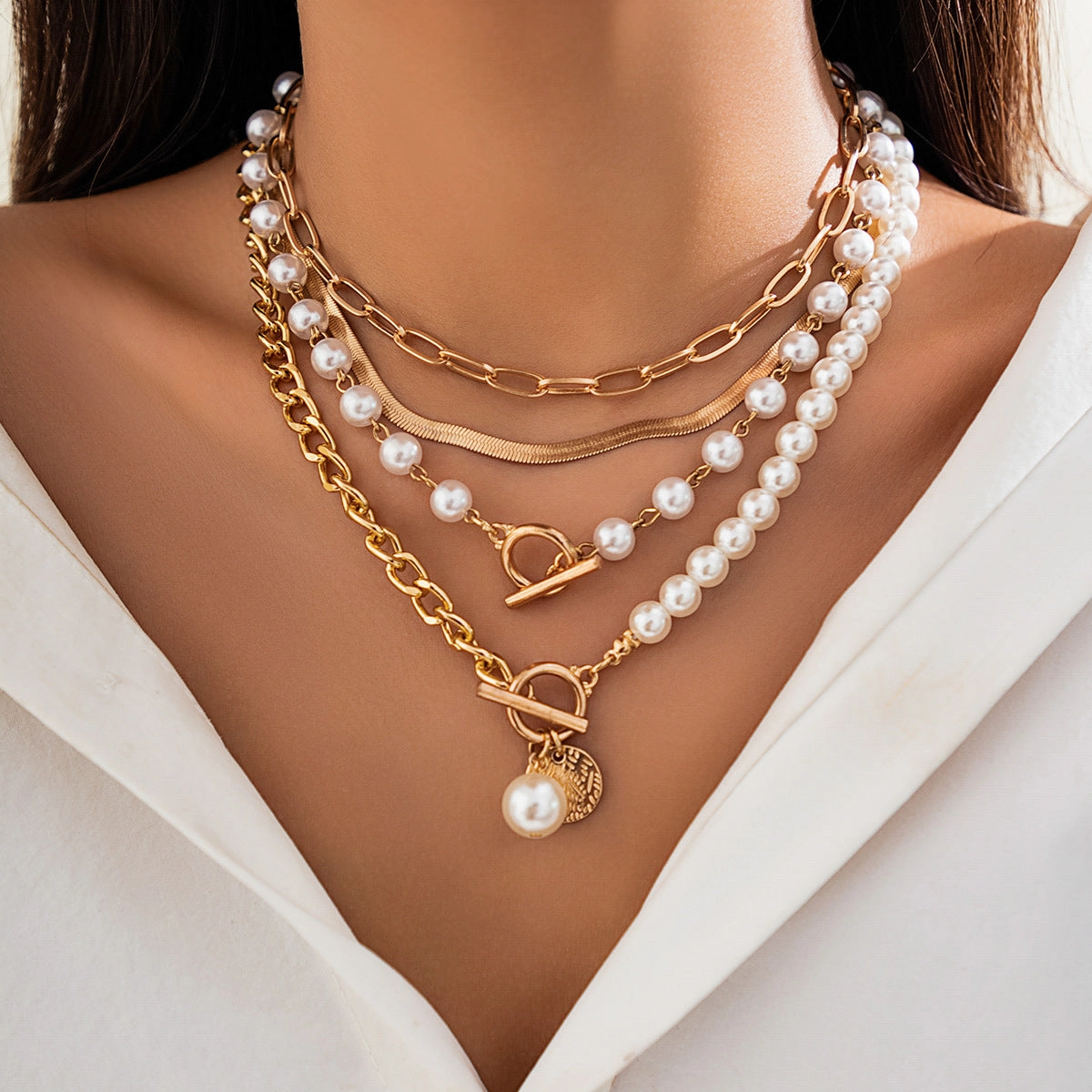 Wholesale Long round bead chain stacking necklace retro style personality pearl necklace