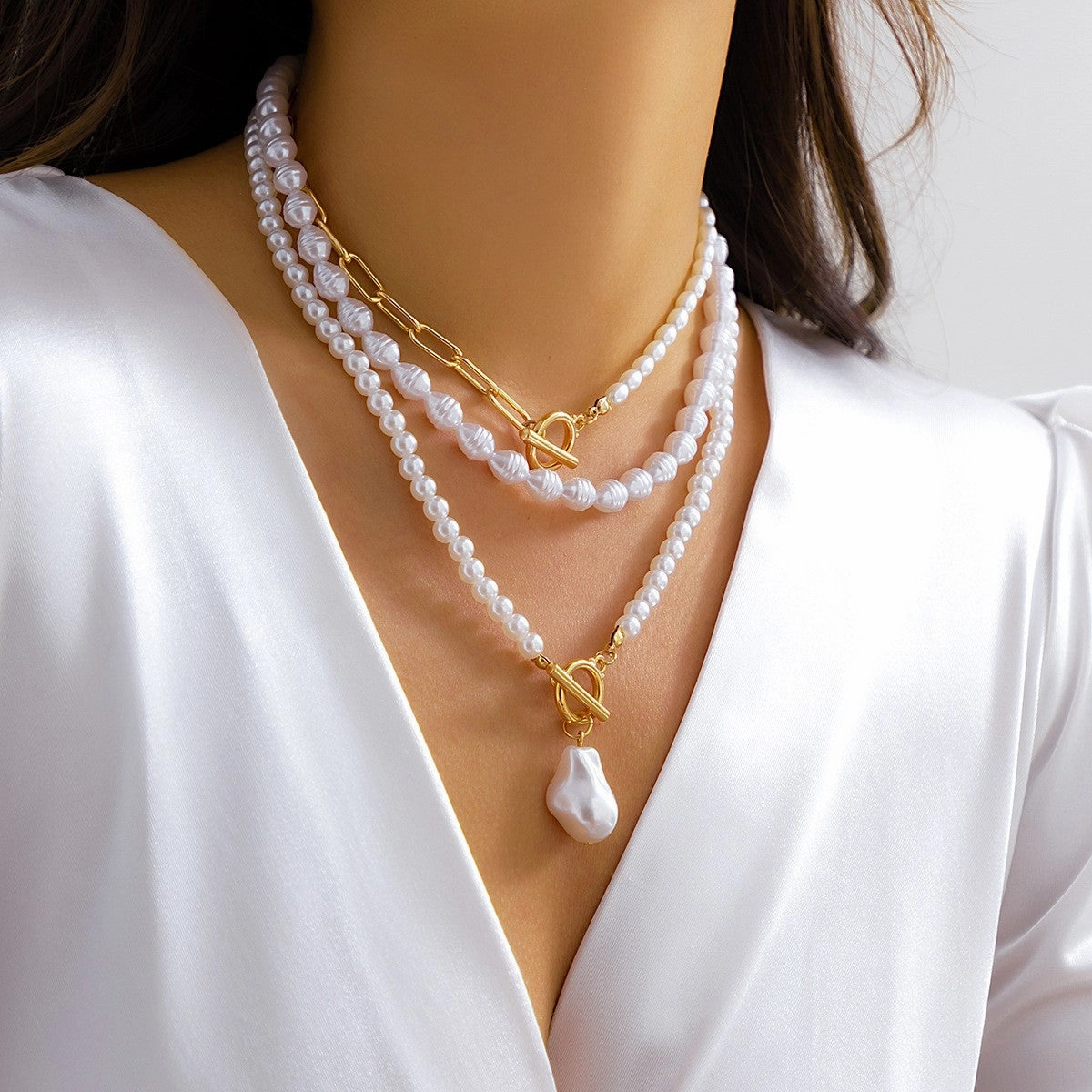 Wholesale Long round bead chain stacking necklace retro style personality pearl necklace