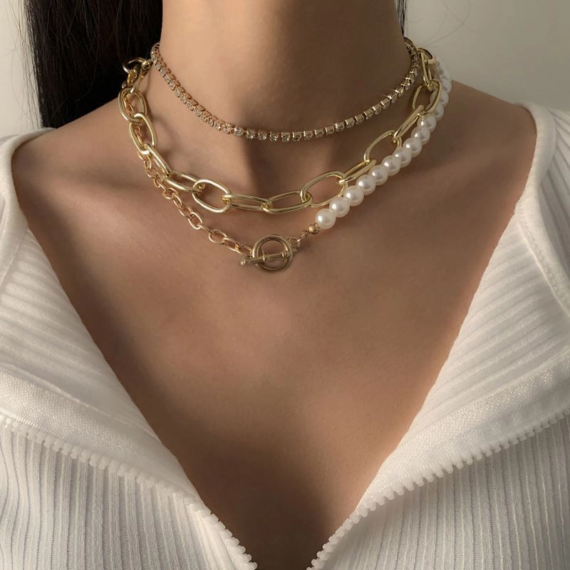 Wholesale Long round bead chain stacking necklace retro style personality pearl necklace