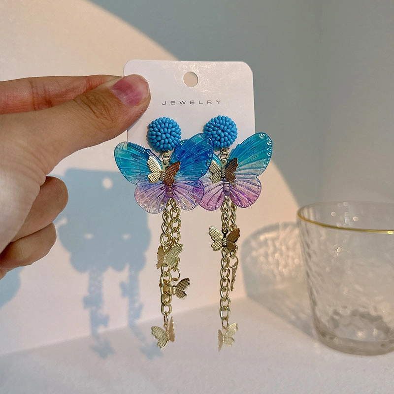Wholesale Long Tassel Acrylic Butterfly Alloy Earrings