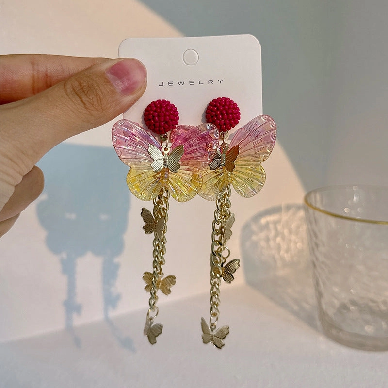 Wholesale Long Tassel Acrylic Butterfly Alloy Earrings