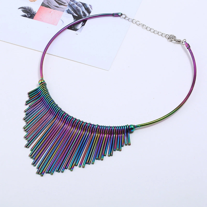 Wholesale  long tassel metal collar clavicle chain fan-shaped colorful short necklace trend punk style