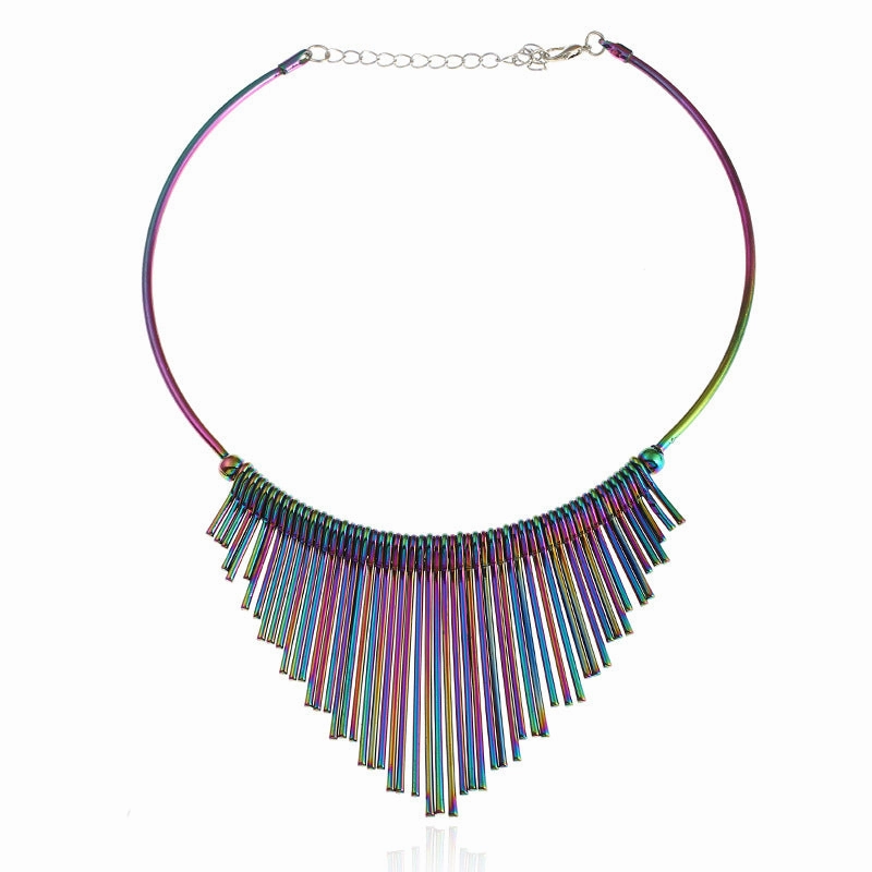 Wholesale  long tassel metal collar clavicle chain fan-shaped colorful short necklace trend punk style