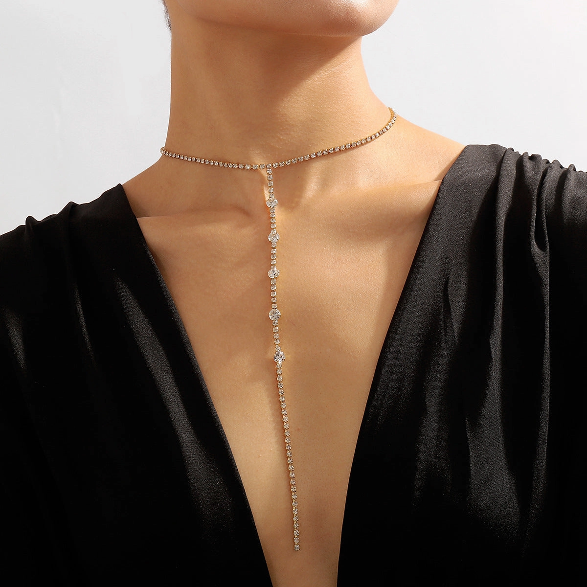 Wholesale Long Y-shaped Geometric Rhinestone Necklace