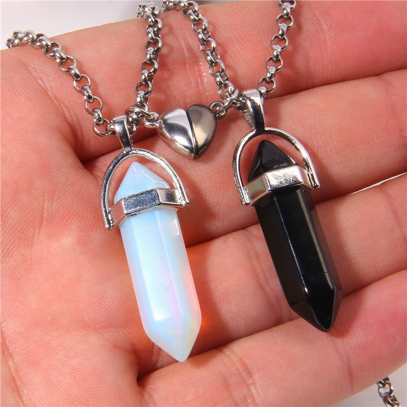 Wholesale Love Magnetic Buckle Couple Natural Hexagonal Column Raw Stone Pendant Necklaces