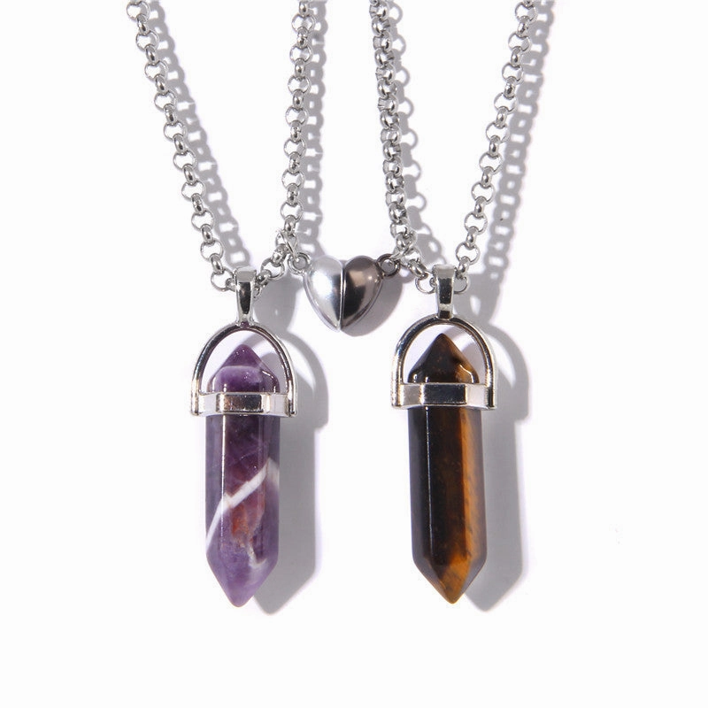 Wholesale Love Magnetic Buckle Couple Natural Hexagonal Column Raw Stone Pendant Necklaces