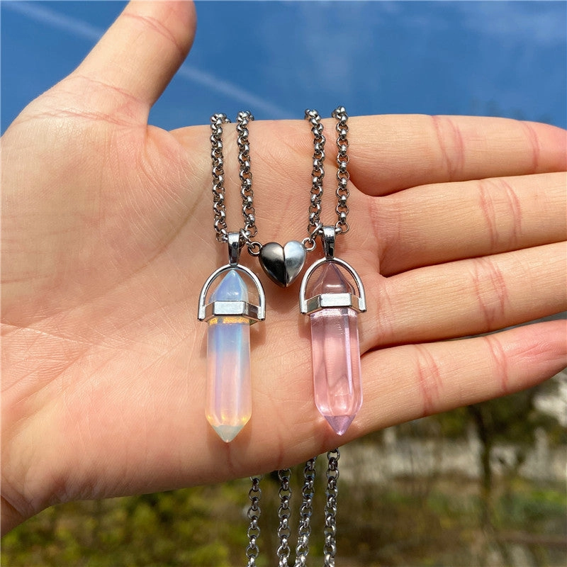 Wholesale Love Magnetic Buckle Couple Natural Hexagonal Column Raw Stone Pendant Necklaces