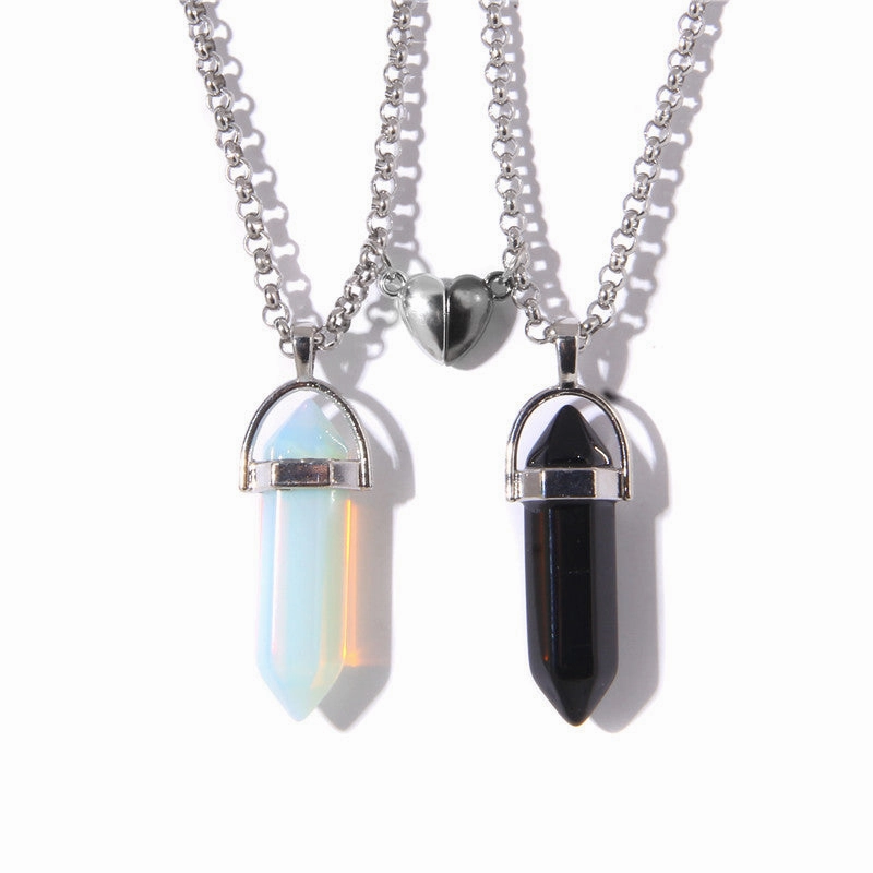 Wholesale Love Magnetic Buckle Couple Natural Hexagonal Column Raw Stone Pendant Necklaces