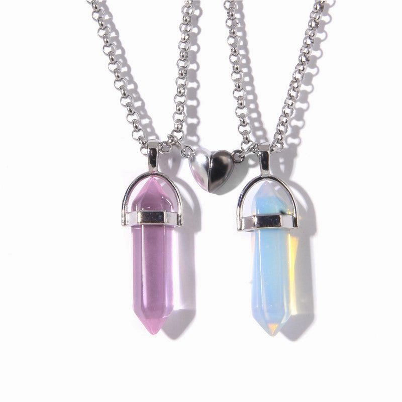 Wholesale Love Magnetic Buckle Couple Natural Hexagonal Column Raw Stone Pendant Necklaces