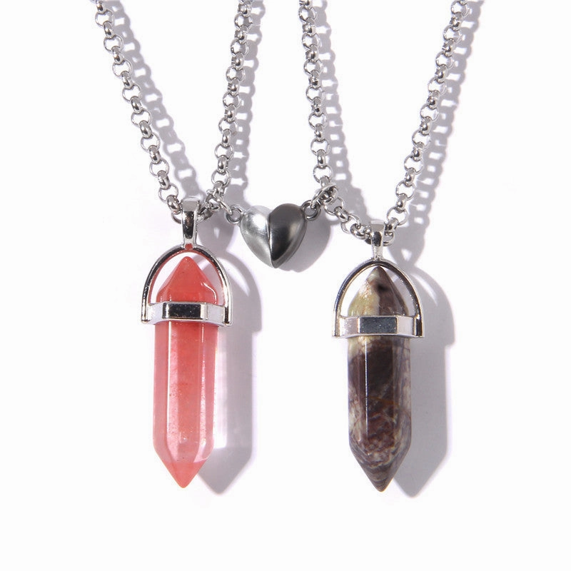 Wholesale Love Magnetic Buckle Couple Natural Hexagonal Column Raw Stone Pendant Necklaces