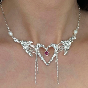 Wholesale Love Tassel Rhinestone Clavicle Chain Lava Liquid Metal Pleated Necklace