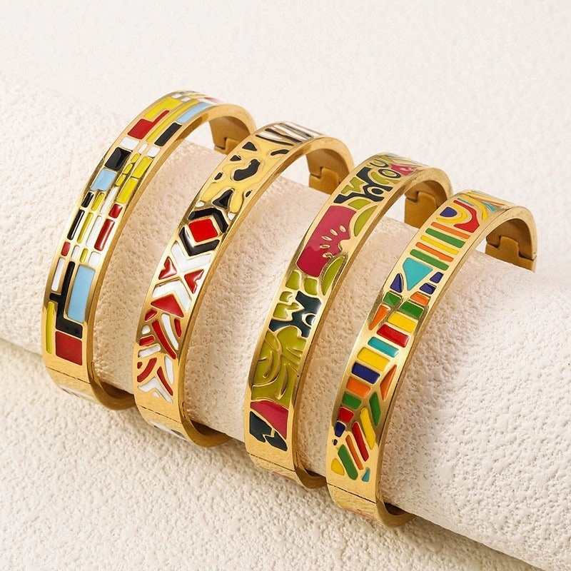 Wholesale Luxury Stainless Steel Enamel Drip Oil 18K Genuine Gold Plated Titanium Steel Bracelet