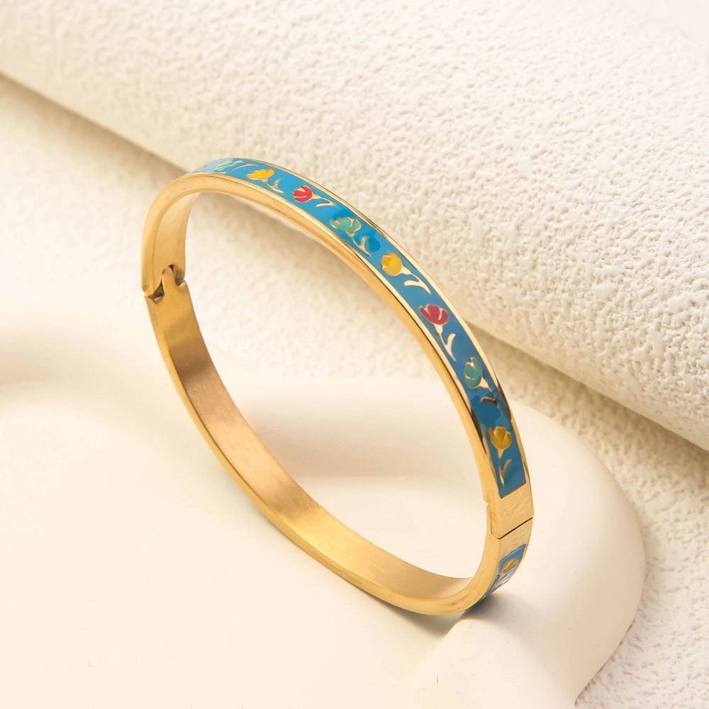 Wholesale Luxury Stainless Steel Enamel Drip Oil 18K Genuine Gold Plated Titanium Steel Bracelet