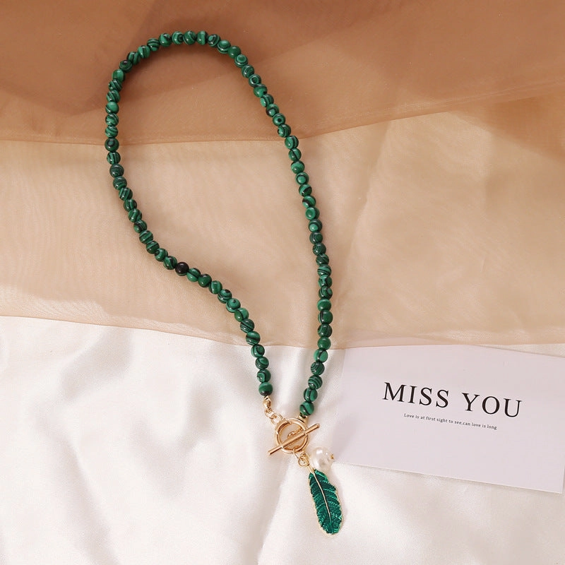 Wholesale Malachite Leaf Pearl Oil Drop Vintage Necklace