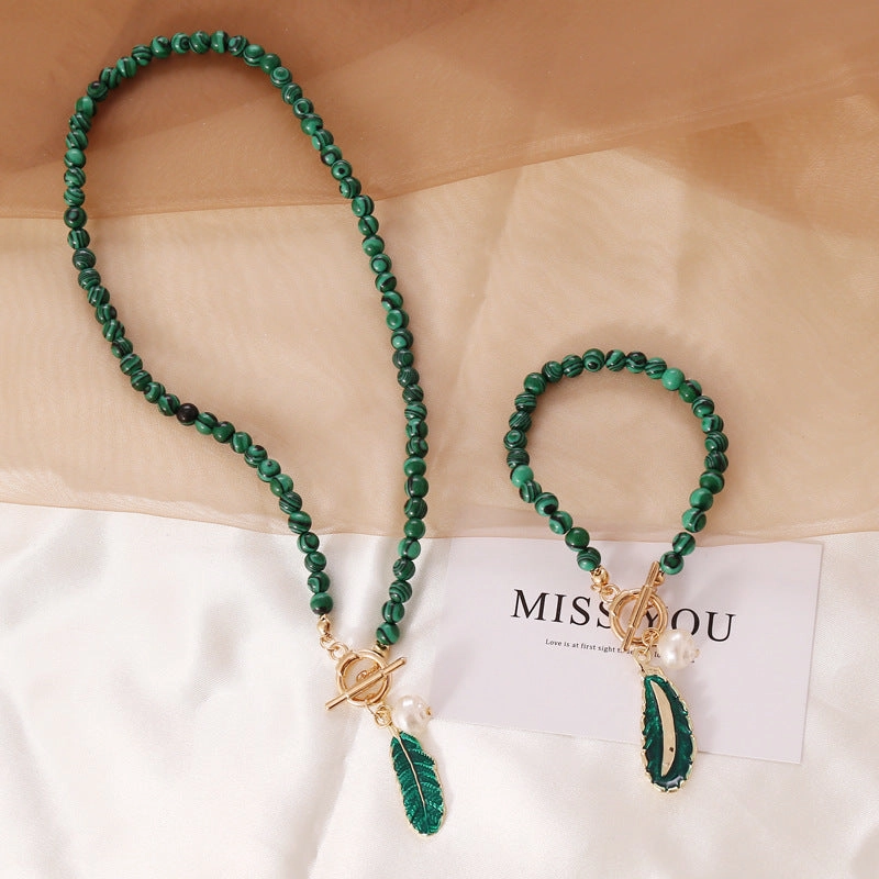 Wholesale Malachite Leaf Pearl Oil Drop Vintage Necklace