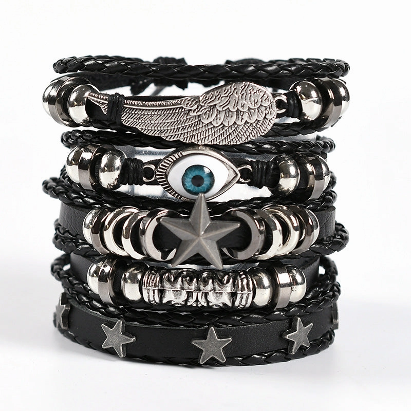 Wholesale Men's Braided Leather Bracelet Multi-layer Set Skull Bracelet