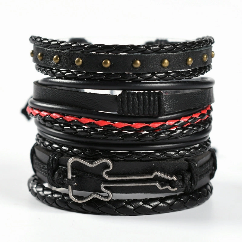 Wholesale Men's Braided Leather Bracelet Multi-layer Set Skull Bracelet