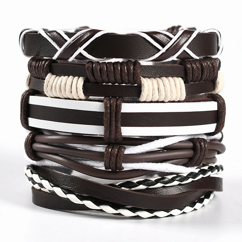 Wholesale Men's Braided Leather Bracelet Multi-layer Set Skull Bracelet