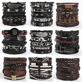 Wholesale Men's Braided Leather Bracelet Multi-layer Set Skull Bracelet