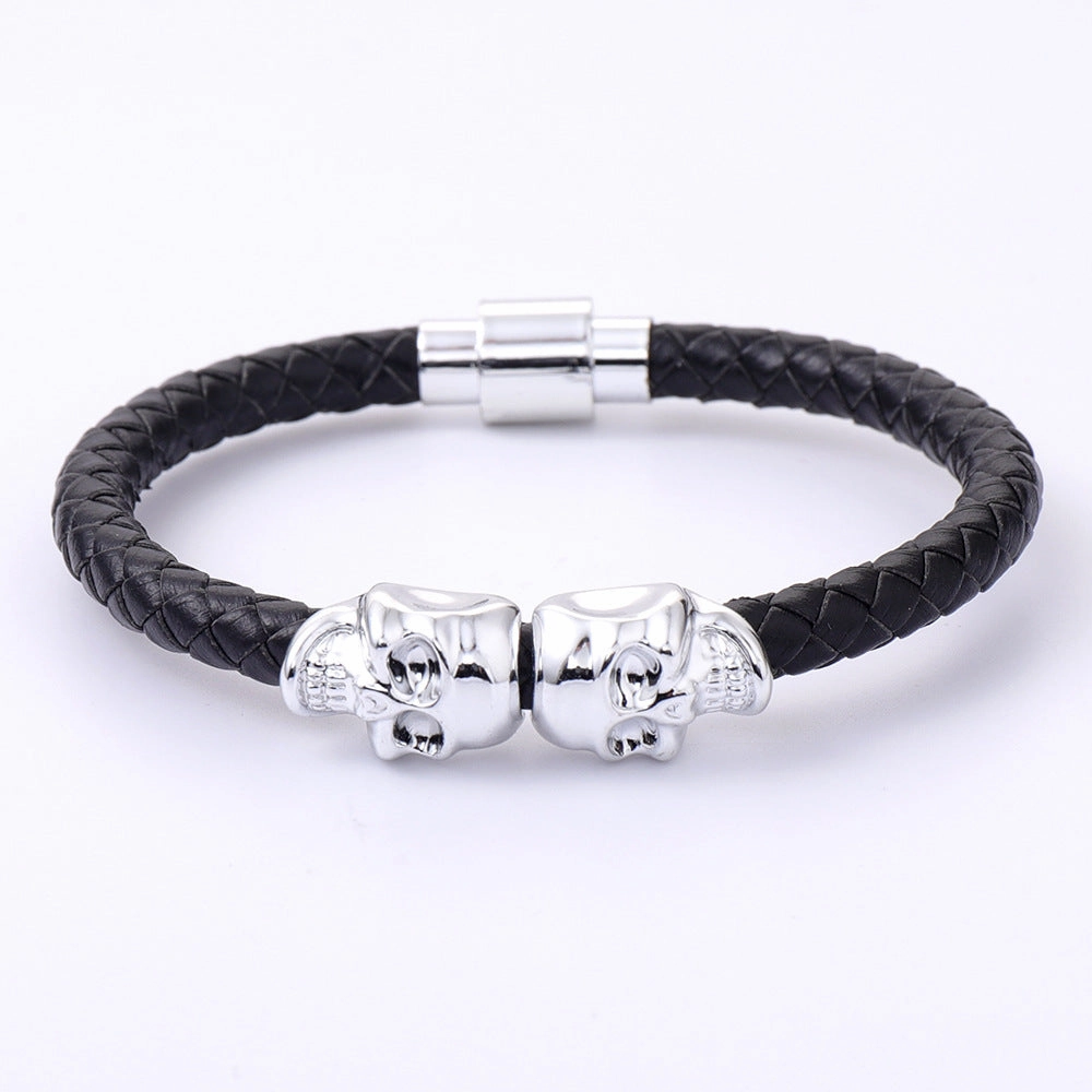 Wholesale men's cowhide punk style skull head Bracelet