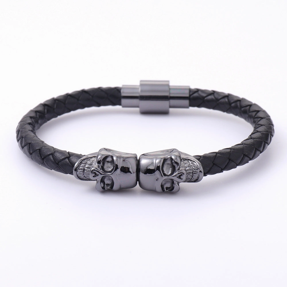 Wholesale men's cowhide punk style skull head Bracelet