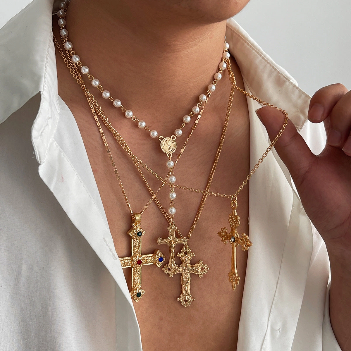 Wholesale Men's cross pendant necklace pearl clavicle chain
