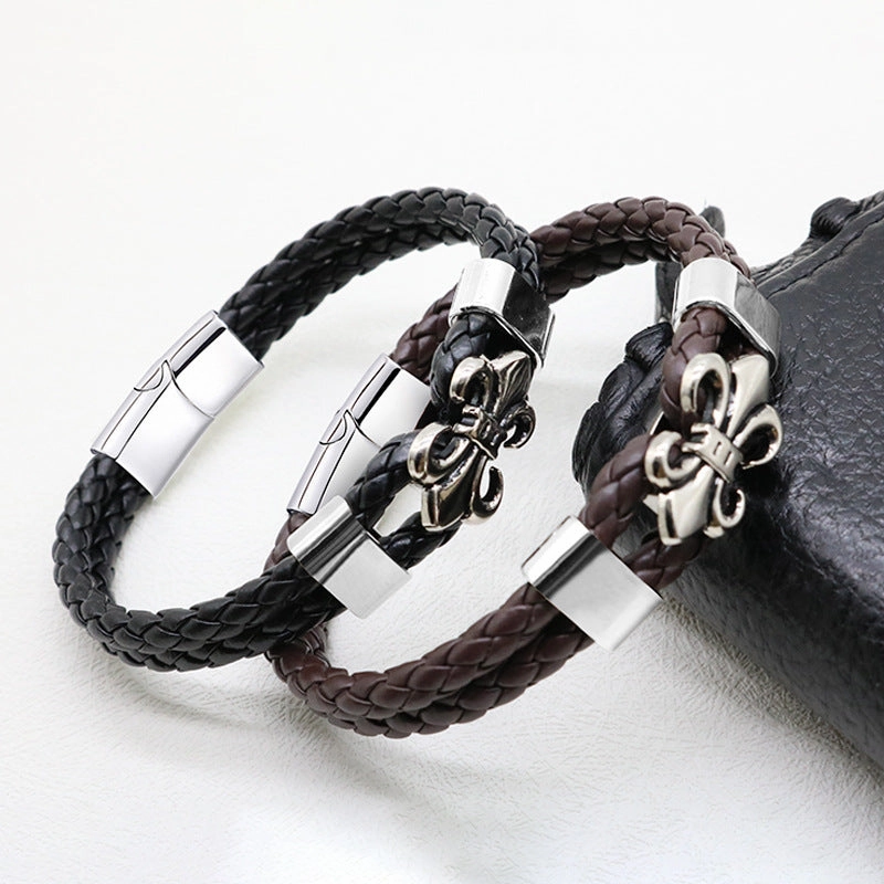 Wholesale Men's Leather Magnetic Buckle Woven Bracelets