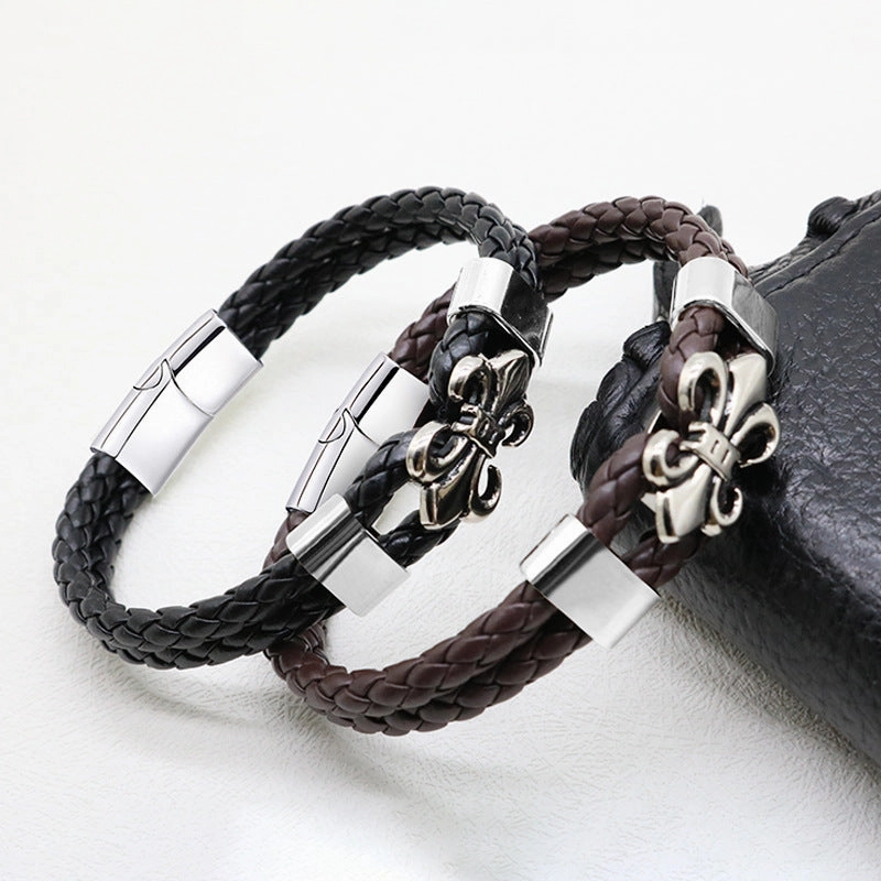 Wholesale Men's Leather Magnetic Buckle Woven Bracelets