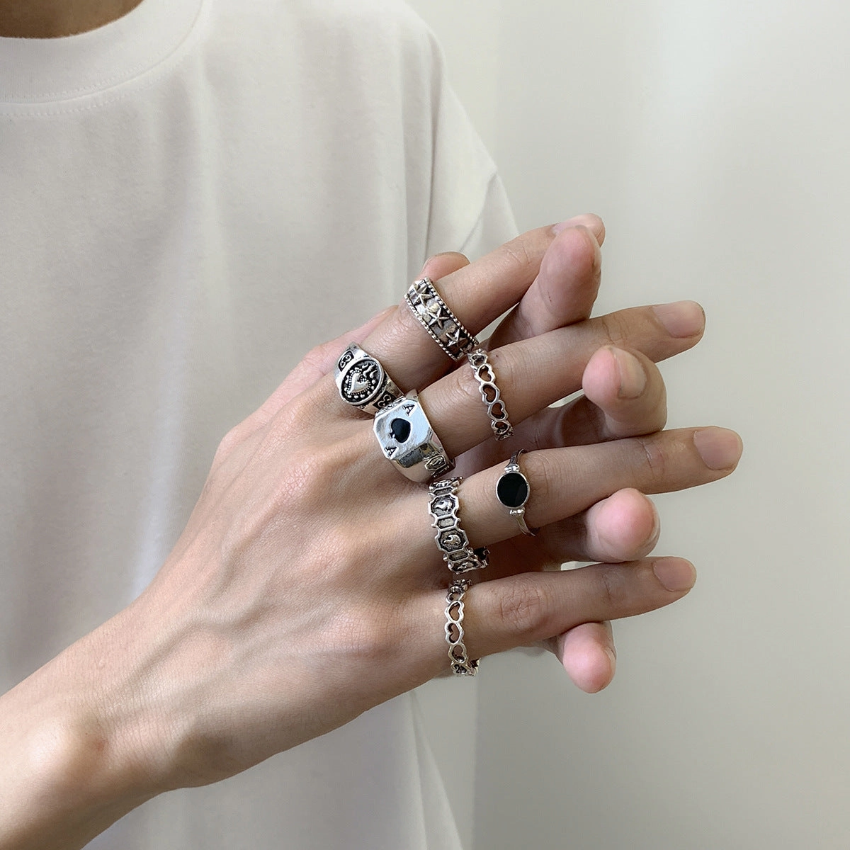 Wholesale Men's metal ring set geometric hollow oil drop ring set ring combination