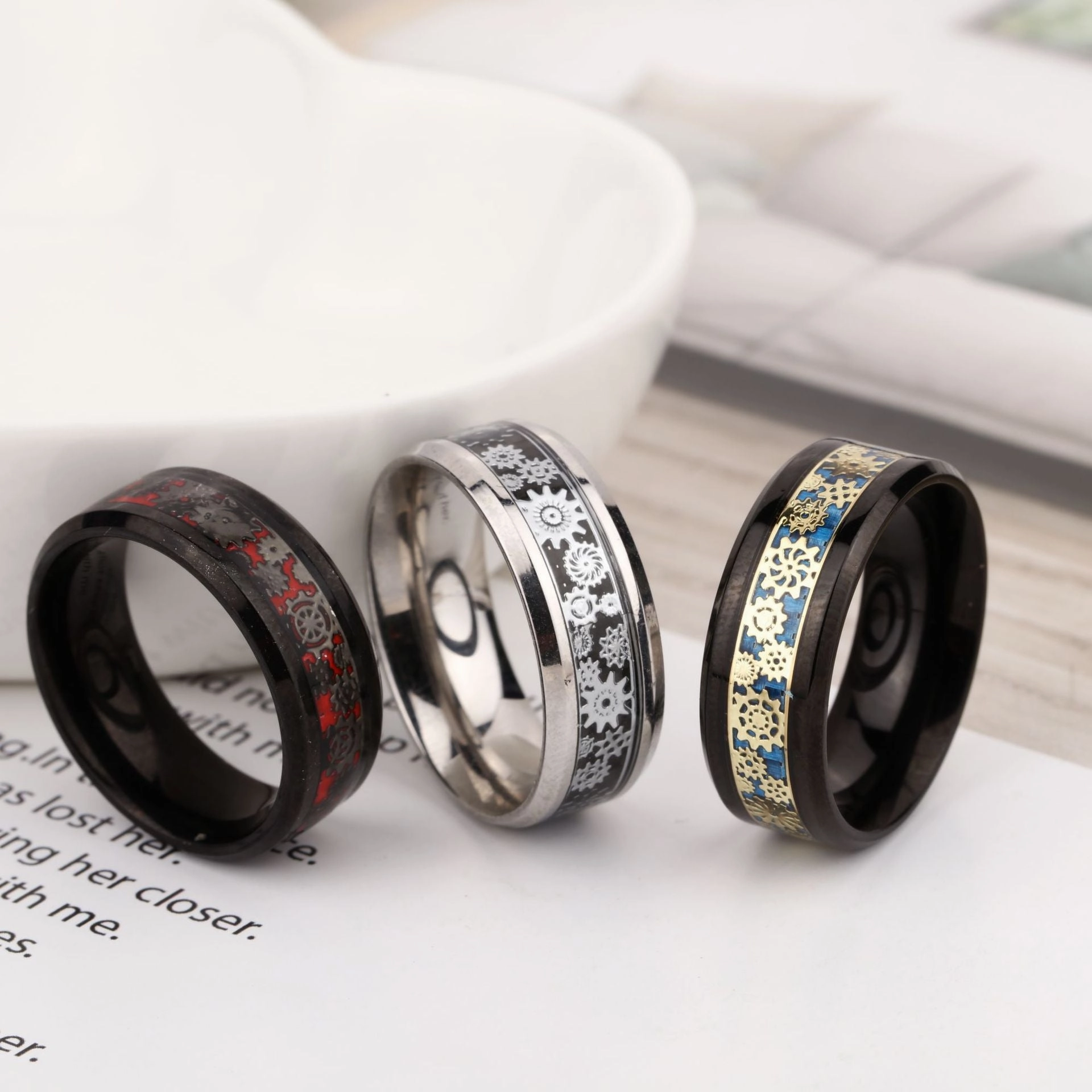 Wholesale Men's Stainless Steel Ring with Carbon Fiber Gear Titanium Steel Ring