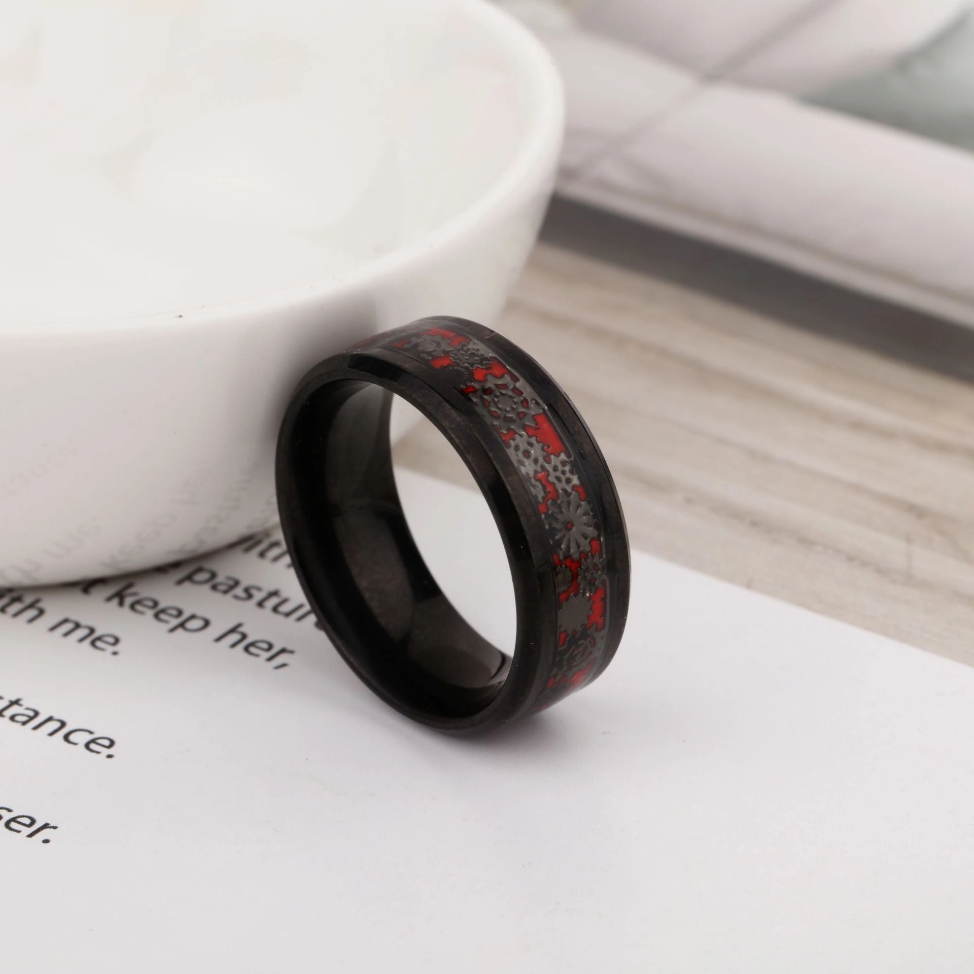 Wholesale Men's Stainless Steel Ring with Carbon Fiber Gear Titanium Steel Ring