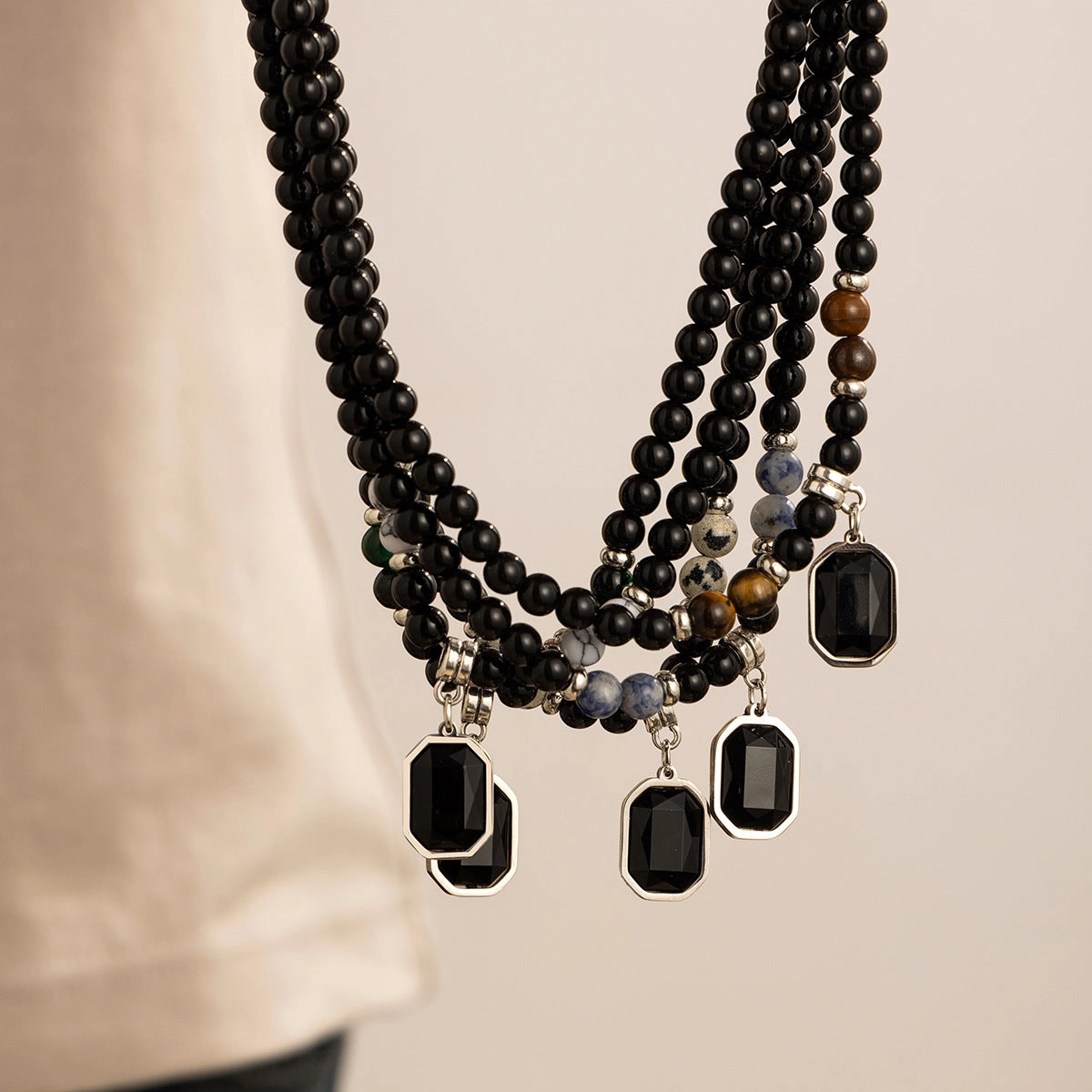 Wholesale Men's Stainless Steel Tiger Stone Round Bead Necklace