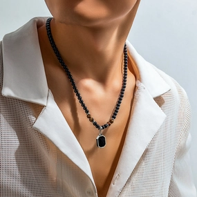 Wholesale Men's Stainless Steel Tiger Stone Round Bead Necklace