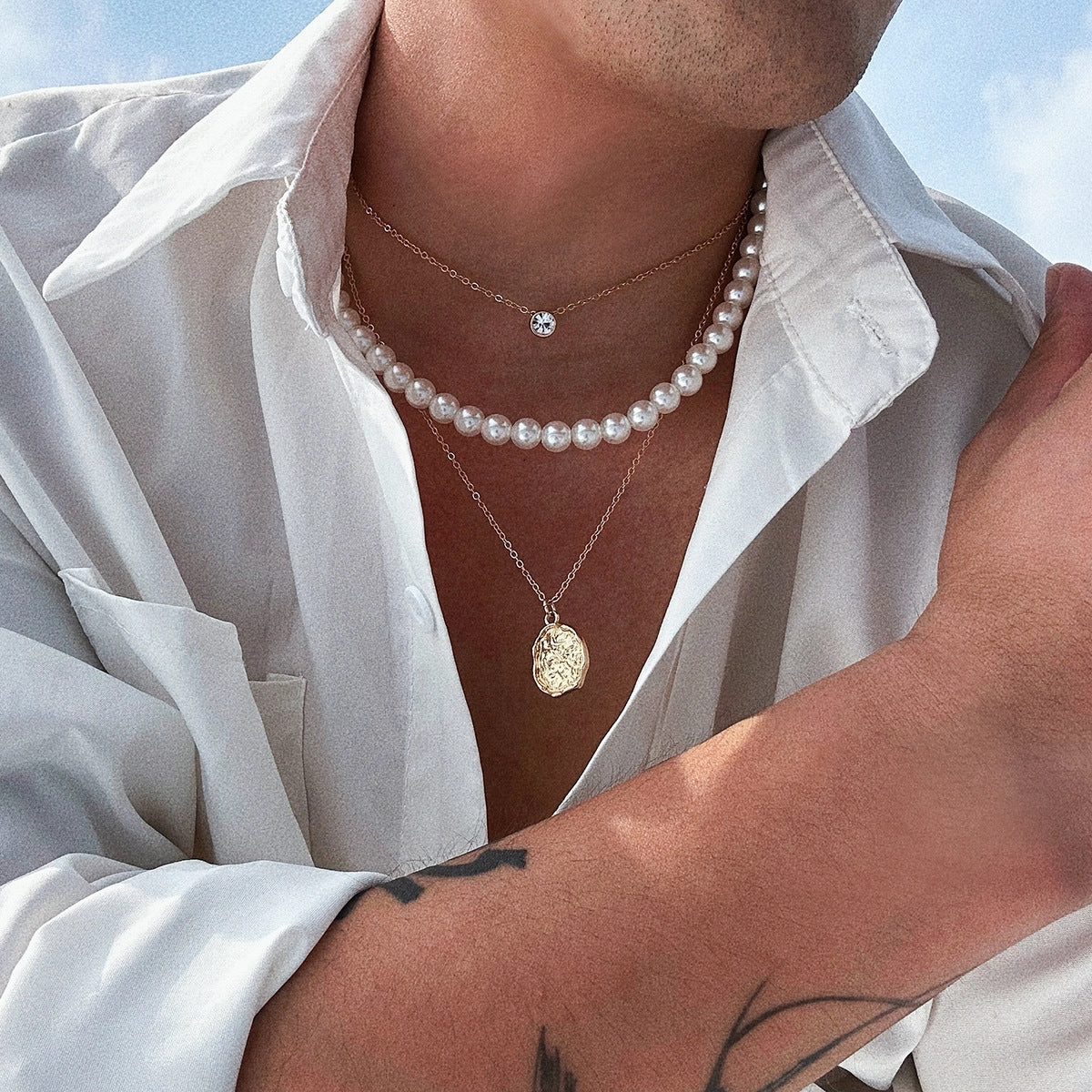 Wholesale Men's Three -dimensional Diamond Pearl Necklace