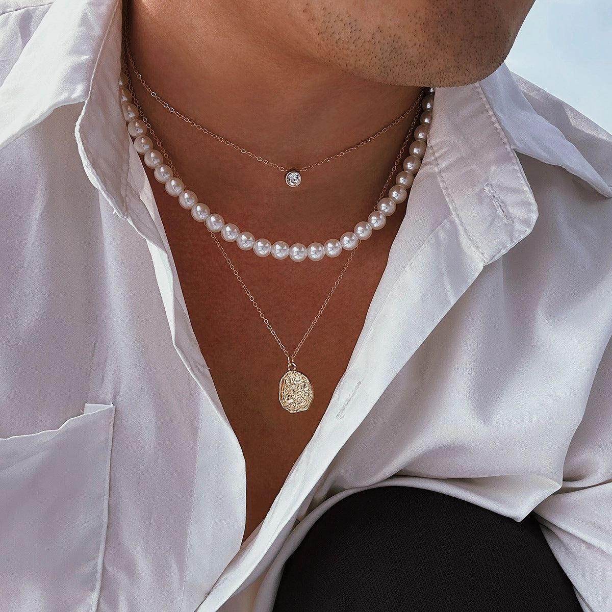 Wholesale Men's Three -dimensional Diamond Pearl Necklace