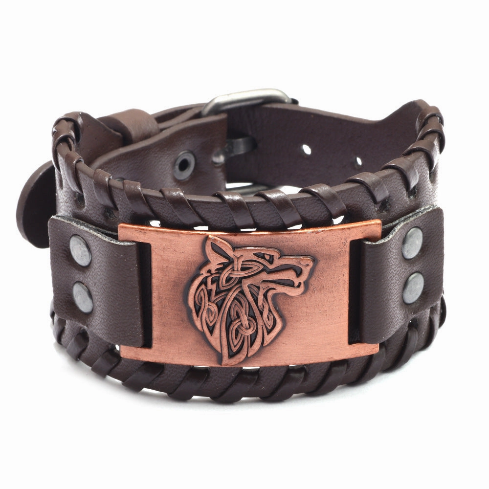 Wholesale Men's Wolf Head Wide Leather Bracelet