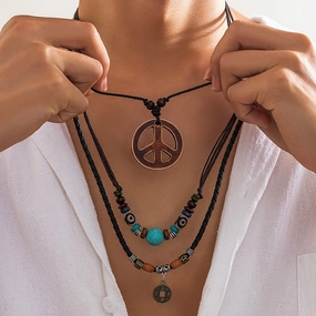 Wholesale Men's Wood Beads Pine and Peace Symbol Necklace